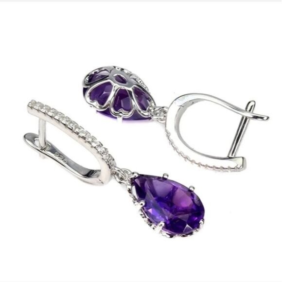 Unheated Natural Purple Amethyst 12x8mm 925 Sterling Silver Earrings - Picture 2 of 2